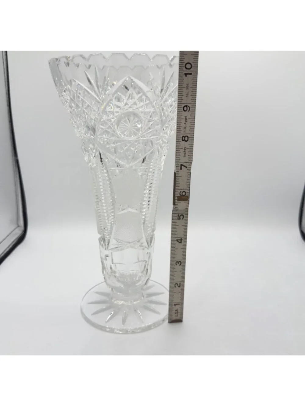 Vintage American Brilliant Cut Glass Trumpet Vase Hobstar 10